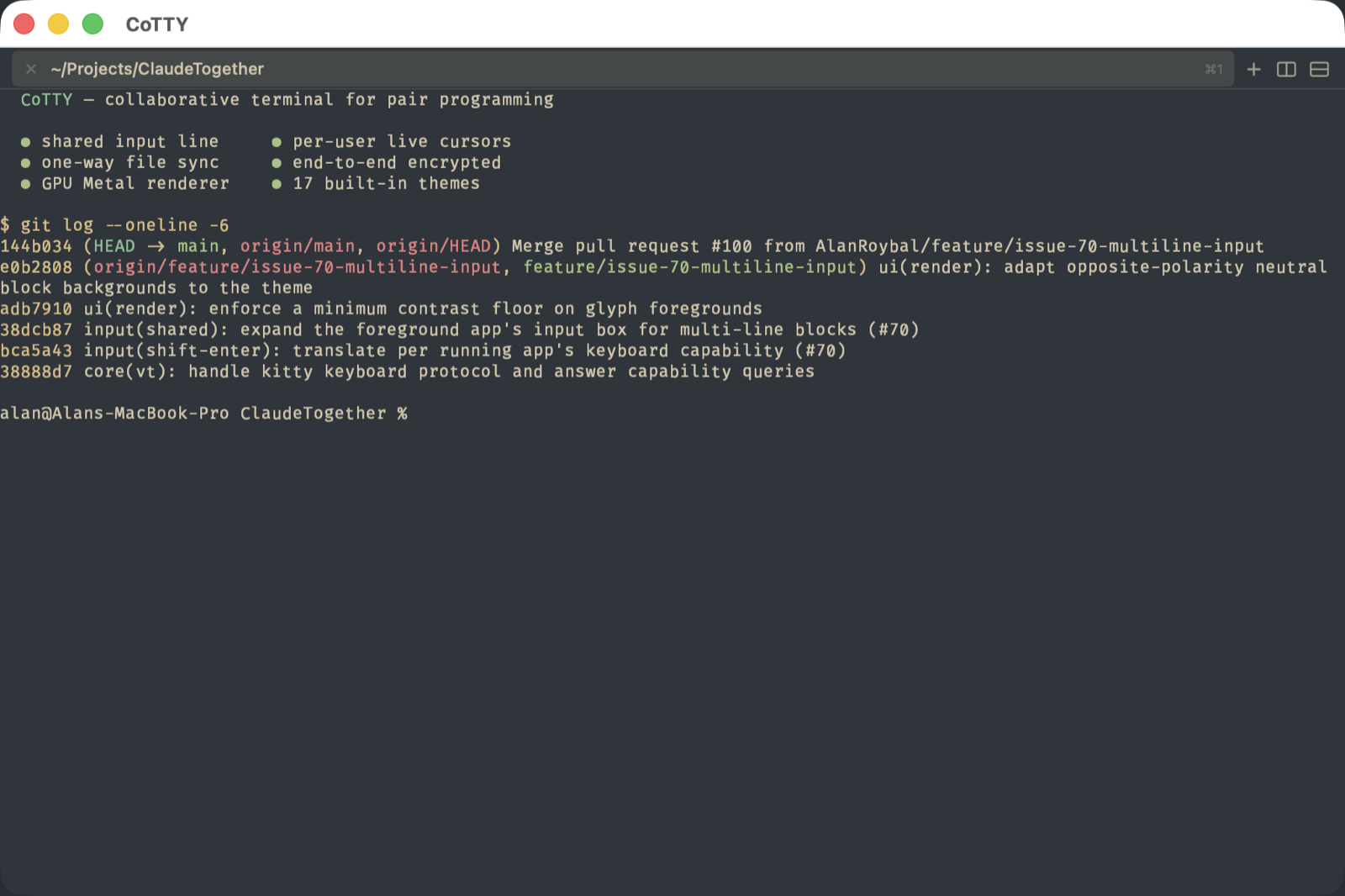 CoTTY's Metal-rendered terminal running a shared shell session