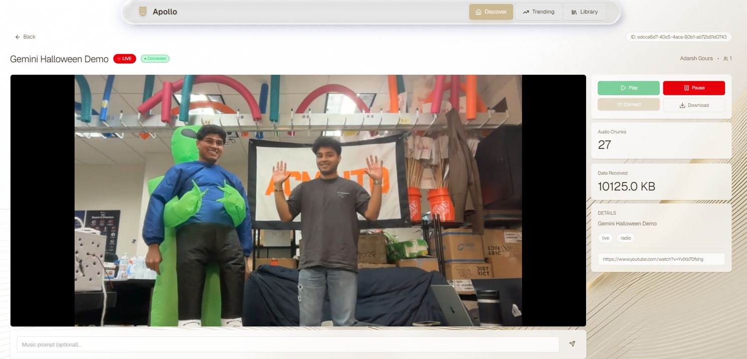 Earth2Echo live stream view: a live video feed with real-time generated audio stats and an optional music prompt box