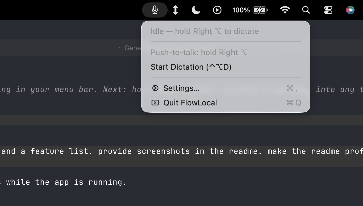 FlowLocal's menu bar dropdown showing dictation status and settings