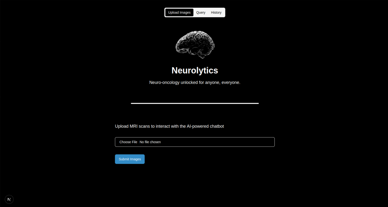Neurolytics landing page with brain MRI upload
