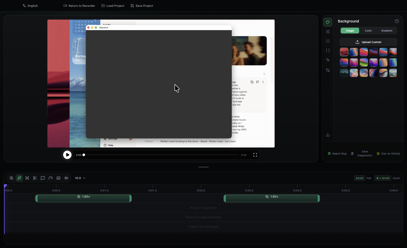 OpenScreen Studio editor with auto-suggested zoom regions on the timeline at each click position